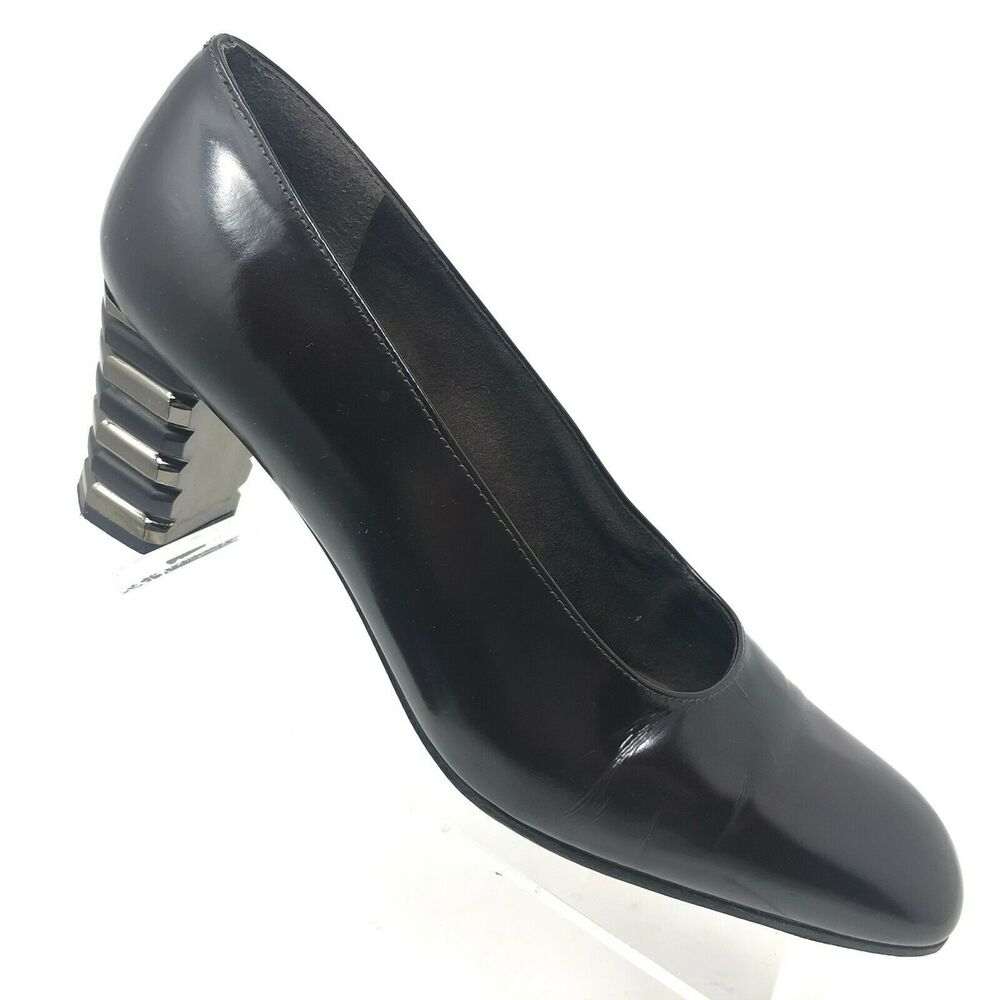 Stuart Weitzman Women's 8 Geometric Stacked Heel‎ Dark Chocolate Brown Pump